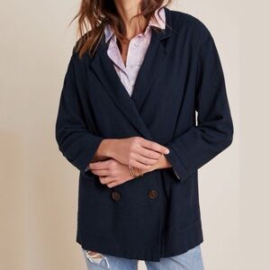 NWT ANTHROPOLOGIE Amadi Kaye Blazer Navy Sz XS Oversized Linen Double Breasted